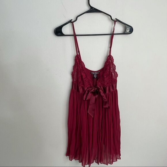 Victoria's Secret Burgundy Pleated Bow Babydoll Flyaway Lace Slip Vintage Dress - Picture 4 of 13